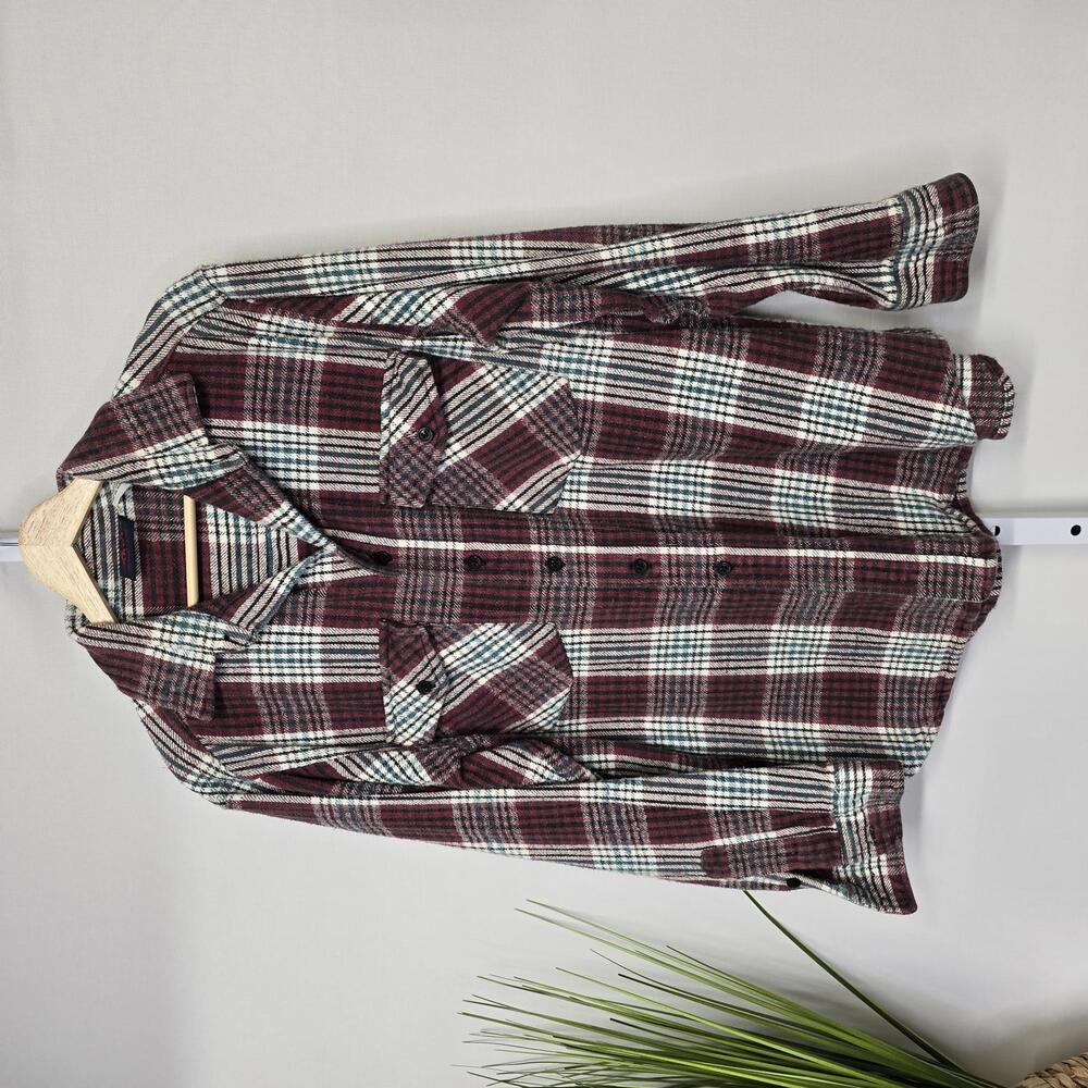 Dakota Mens Plaid‎ Flannel Button Down Shirt Large Maroon Cotton Long Sleeve